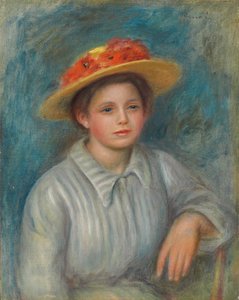 Portræt af en kvinde med en hat med blomster; Portræt af en kvinde i en blomstret hat, ca. 1890 af Pierre Auguste Renoir