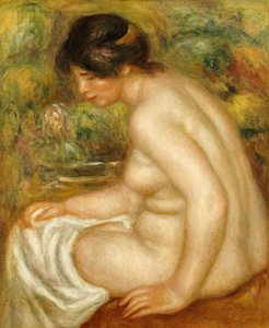 Sidebillede af en siddende badende af Pierre Auguste Renoir