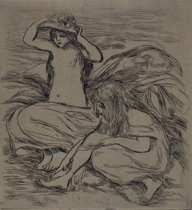 Two Women Bathing, ca. 1895 (radering på brunligt vævet papir) af Pierre Auguste Renoir