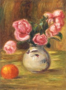 Vase med roser og en appelsin, 1910 af Pierre Auguste Renoir