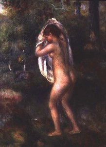 Ung pige klæder af (olie på lærred) af Pierre Auguste Renoir