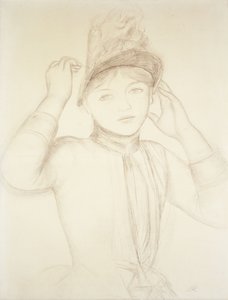 Ung kvinde arrangerer sin hat; Ung pige justerer sin hat, ca. 1885 af Pierre Auguste Renoir
