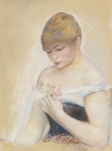 Ung Kvinde Holder En Blomst. Portræt af skuespillerinden Jeanne Samary, ca. 1880 af Pierre Auguste Renoir