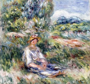 Ung kvinde sidder på en eng, af Pierre Auguste Renoir