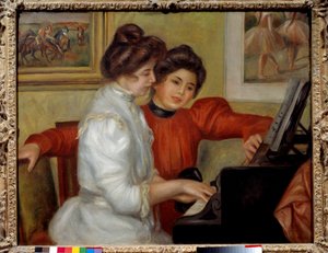 Yvonne og Christine Lerolle ved klaveret Maleri af Pierre Auguste Renoir (1841-1919) 1898 Søn. 0,73x0,92 m Paris, Orangeriemuseet - Yvonne og Christine Lerolle ved klaveret. Maleri af Pierre Auguste Renoir (1841-1919) 1898. 0,73 x 0,92 m. Orangeri M af Pierre Auguste Renoir