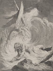 Lazarille ved sin hjemkomst fra Indien er skibbruden..., ca. 1717-60. af Pierre Aveline