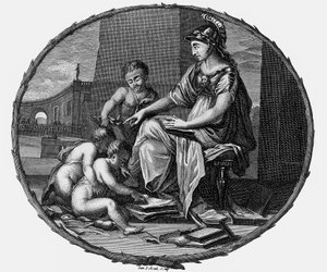 Kvindelig allegori på fornuft og kreativitet omgivet af børn,1695-1697 (kobberstik) af Pierre Bayle