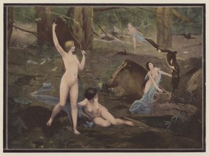 Jægerinderne (farve litho) af Pierre Bellet