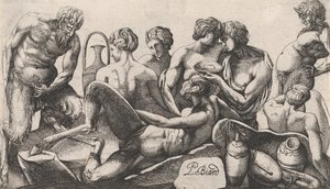 Otte Satyrer og Satyrinder, der afslutter et Måltid, 1607-61. af Pierre Biard