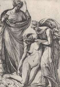 Studie, der understøtter den besvimende personificering af skulptur, stående ved siden af dem, Fra..., 1607-61. af Pierre Biard