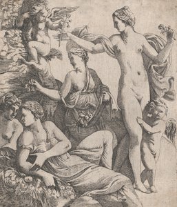 Venus, stående med de tre Gracer, tilbydes en blomst fra en putto, 1607-61. af Pierre Biard