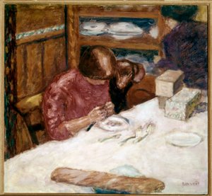 Interiør Kvinde travlt med hjemlige pletter. Maleri af Pierre Bonnard (1867-1947) 1914 Privat samling af Pierre Bonnard