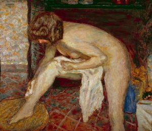 Nøgen har sit toilet foran pejsen Maleri af Pierre Bonnard (1867-1947) 1907 Privat samling