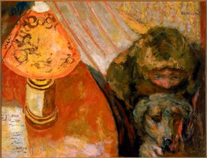 Maleri af et interiør oplyst af lampelys af Pierre Bonnard