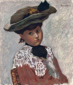 Portræt af en ung kvinde eller hatten; Portrait of a Young Woman (The Hat), ca. 1905 (olie på lærred lagt om bord) af Pierre Bonnard