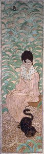 Siddende kvinde med en kat, et af fire paneler af kvinder i haven, 1891 (olie på papir på lærred) af Pierre Bonnard
