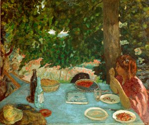 Kirsebærtærten Ung kvinde, der sidder, har et bord i en have. Maleri af Pierre Bonnard (1867-1947) 1908 Dim. 115x126 cm Zürich, Samling Peter Nathan af Pierre Bonnard