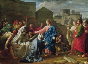Jesus genopliver søn af enken af Naim (olie på lærred)