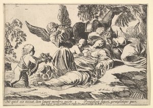 Engle giver frugt til den sovende hellige familie, 1610-42. af Pierre Brebiette