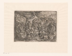 Dansende nymfer og satyrer i et landskab af Pierre Brebiette