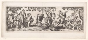 Hvilende Silenus og hans følge i et landskab af Pierre Brebiette