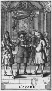 Moliere som Harpagon, frontispice-illustration fra 