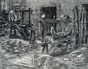 Håndværkere, der plejer fåreskindene Gravering fra "Excursion a travers les metiers" af Pierre Calmette Private Collection af Pierre Calmettes