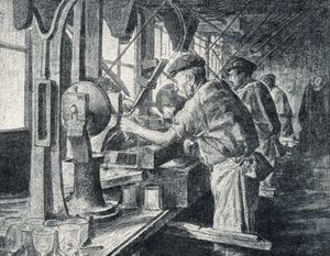 Skæreværksted ved krystalglasfremstillingen i Sevres nær Paris Gravering fra "Excursion a travers les metiers" af Pierre Calmette Private Collection af Pierre Calmettes