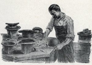 Hattemager: fastspænding af kanterne på en bowlerhat (fremstilling af en bowlerhat) Indgravering fra "Excursion a travers les metiers" af Pierre Calmette Private Collection