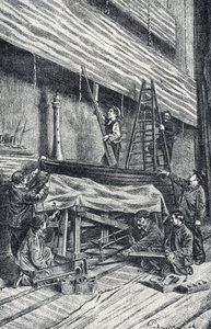 Ejendomsmestre: opsætning af scenesæt før forestillingen Gravering fra "Excursion a travers les metiers" af Pierre Calmette Private Collection af Pierre Calmettes