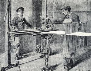 Silkeværksted: forberedelse af kæden ved mappen (Silkearbejde) Gravering hentet fra "Excursion through the metiers" af Pierre Calmette Private Collection