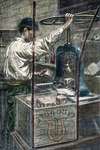 Sæbefabrik: stempling af sæbemærket Gravering fra "Excursion a travers les metiers" af Pierre Calmette Private Collection