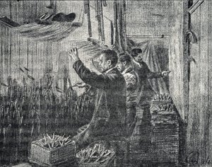 Tapestry of Aubusson: polstrerne arbejder på hovedet Gravering fra "Excursion a travers les metiers" af Pierre Calmette Collection privee