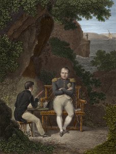 NAPOLEON I (1769-1821) I eksil på Sankt Helena - Napoleon dikterer sine memoirer til Emmanuel Pons de Las Cases (1800-1854), søn af Emmanuel de Las Cases - Napoleon til Sankt Helena (St. Helena): Han dikterer den unge Las Cases de notater, der skal bruges  af Pierre Charles Bacquoy