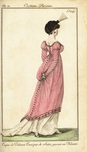 Kvinde i satin tunikakjole og fløjlstoque, Paris af Pierre Charles Baquoy