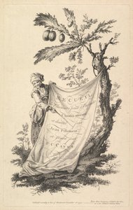 Titelside: en smilende mand holder et hjørne af et klæde bundet til et figentræ og peger med et s..., 1759. af Pierre Charles Canot