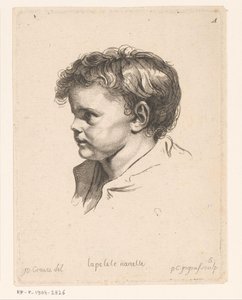 Hovedet af et lille barn, drejet til venstre La petite Nanette (titel på objekt) Hoveder af forskellige figurer (serietitel) ir. Cahier de Têtes de différens Caracteres (serietitel) af Pierre Charles Ingouf