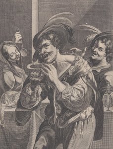 Mand drikker suppe, mens to mennesker ser på ham, 1624-75.