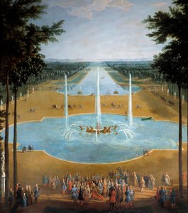 Udsigt over Apollo-bassinet og Canal Grande i Versailles i 1713, i forgrunden: Kong Ludvig XIV (1638-1715) har promenaden omkring 1713. Detalje af et maleri af Pierre Denis Martin (1663-1742) Søn. 2,6x1,3 m af Pierre Denis Martin