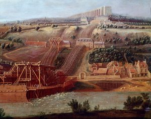 Udsigt over maskinen til akvædukten af Marly installeret i Bougival Akvædukten i Louveciennes (eller Marly) tillod at forsyne Versailles til Marlys slot med vand. Detalje. Maleri af Pierre Denis Martin (1663-1742) søn. 1,15x1,65 m Versailles, musee du