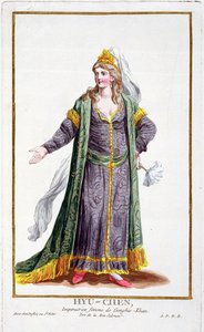 Hyu-Chen, Djengis Khans hustru, fra "Receuil des Estampes, representant les Rangs et les Dignites, suivant le Costume de toutes les Nations existantes", udgivet i 1780 (håndkoloreret stik)