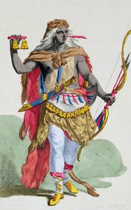 Dronning Anna Nzinga (1583-1663), fra "Receuil des Estampes, representant les Rangs et les Dignites, suivant le Costume de toutes les Nations existantes", udgivet i 1780 (håndkoloreret stik)