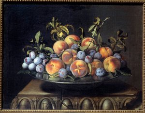 Fersken og blommer i dåsfad Maleri af Pierre Dupuis (1610-1682) 1600-tallet søn. 0,48x0,61 m
