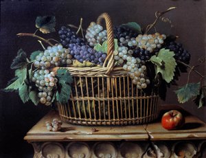 Still life of a bunch of grapes in a basket Painting by Pierre Dupuisdani