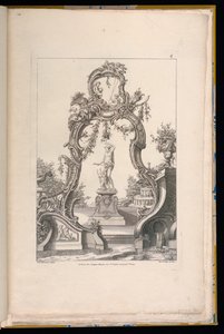Cartouche og springvand med Venus og Amor