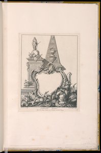 Cartouche med trofæer, en statue og en pyramide