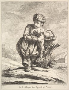 Barn med en hund, der holder en kurv med druer, fra Premier Livre de Figures daprès les po..., 1757.