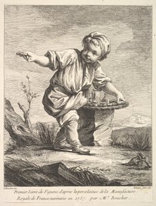 Frontispice med lille dreng, der holder en kurv, fra Premier Livre de Figures daprès les po..., 1757.
