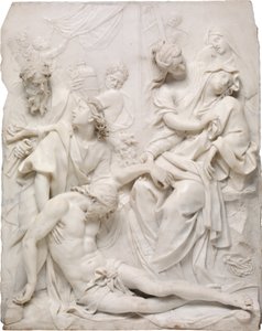 Jomfru Maria falder i svime over Kristi døde legeme ved korsets fod, 1710. af Pierre Etienne Monnot