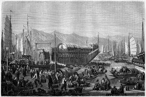 Boat des Fleurs, en restaurant og et sjovt sted i havnen i Shanghai i 1860, Kina. Gravering af Grandsire, i "" Le Tour du Monde, Nouveau journal des Voyages"", redigeret af Edouard Charton, Paris